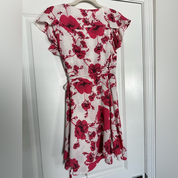 NWOT Free People pink and white Floral Wrap Dress with ruffle, V-neck detail - Picture 8 of 12